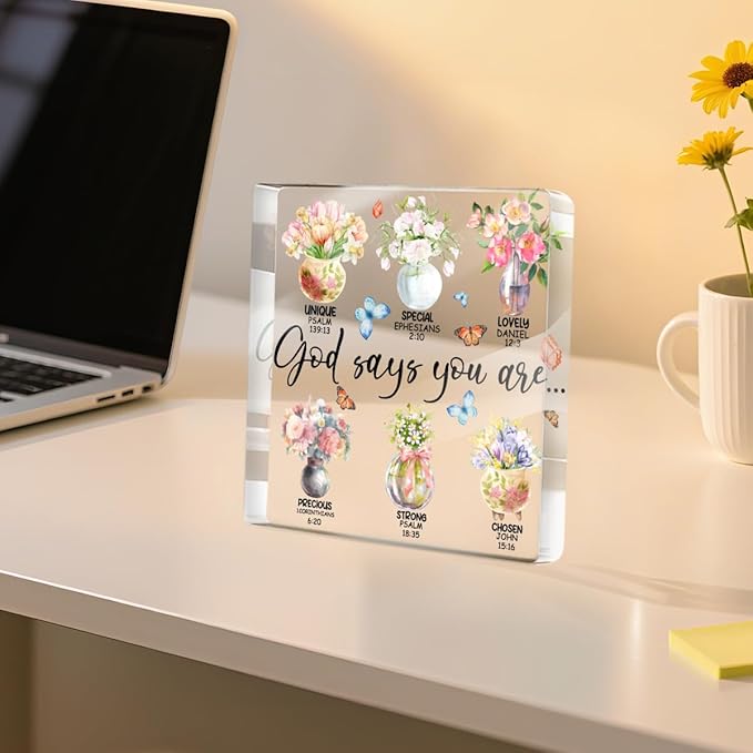 Inspirational Gifts for Women, God Says You Are, Flower Bible Verse Acrylic Sign, Bible Verse Christian Gifts, Positive Affirmation Desk Decorative Signs for Home Office Women Girsl Bedroom Decor