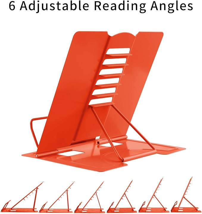 MSDADA Desk Book Stand Metal Reading Rest Book Holder Adjustable Cookbook Documents Holder Portable Sturdy Bookstands for Recipes Textbooks Tablet Music Books (Orange)