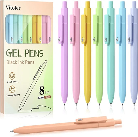 Vitoler Pens, 8pcs Cute Color Gel Pens, 0.5mm Black Ink Pens Fine Point Smooth Writing Pens for Women/Nurse Gift School Office Desk Accessories Supplies
