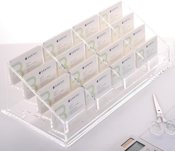 YUXUN 16 Slots Acrylic Business Card Holder for Desk Horizontal 4 Tiers Business Card Stand Clear Multiple Cards Display Stand for Office Supplies Home School