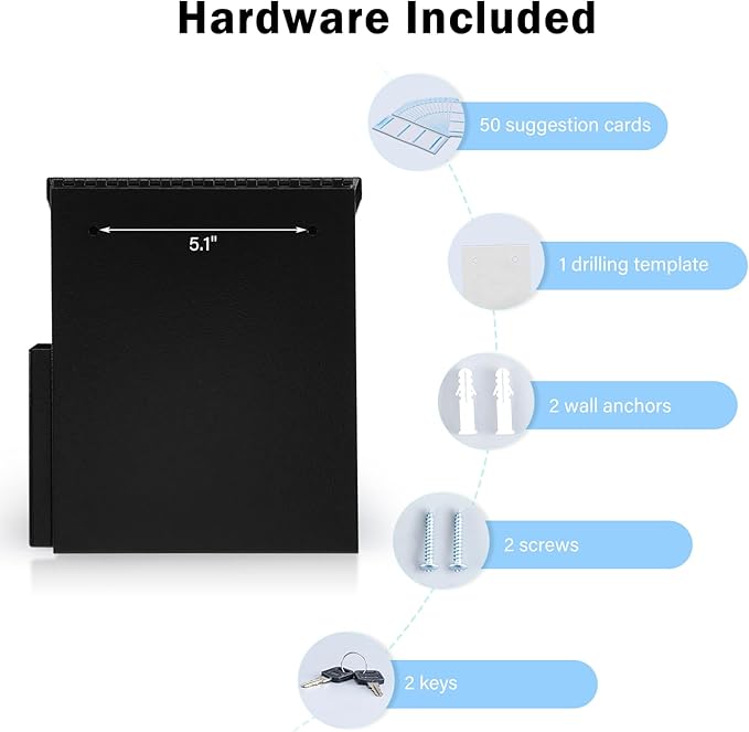 xydled Wall Mounted Ballot & Donation Box with 50 Suggestion Cards, Metal Suggestion Box with Key Lock, Collection Box, Black, 8.7"x 5.9"x7.1"