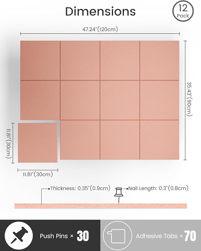 Bumusty Large Cork Board 47"x35" Alternative - 12 Pack Felt Wall Tiles with 70 Safe Removable Adhesive Tabs, 30 Pushpins, Cork Boards for Walls Pin Board Bulletin Board Office Decor (Pink)
