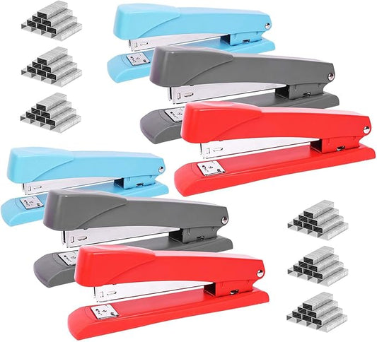 Clipco Stapler with 2000 Staples Full Desk Size Multi Color Red Gray Blue (Pack of 6)