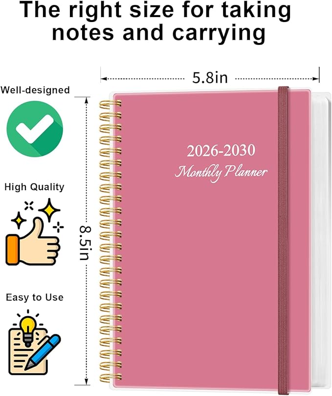 2026-2030 Monthly Planner - 60 Month PLanner Calendar from January 2026 to December 2030, 5 Year Planner 2026-2030 with Flexible Cover, Inner Pocket, Perfect for Home | School | Office, 5.8" x 8.5", Pink