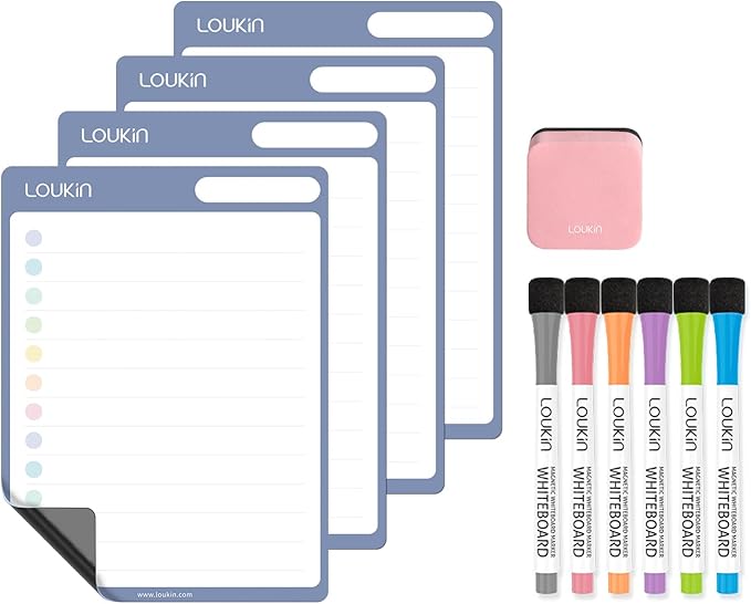 Loukin Dry Erase Checklists 4 Pack, Electrostatic Clings to Any Shiny Surface, Whiteboard Shopping List, Reusable to do List for Office, Classroom, Refrigerator, 6 Markers&1 Eraser Included
