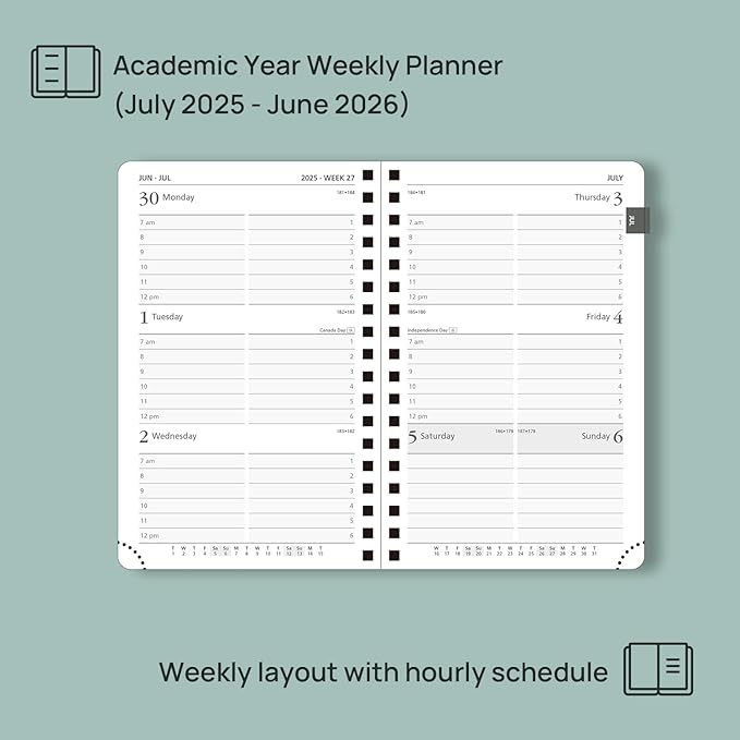 POPRUN Pocket Planner 2025-2026 (Spiral Hardcover - 4''x 6.25''), Daily Weekly and Monthly (July 2025 - June 2026) with Hourly Time Slots, for Purse, 100 GSM - Black