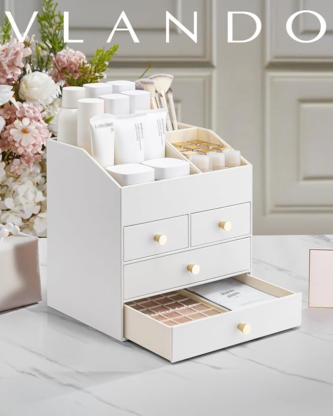 Vlando Makeup Organizer Countertop,Large Vanity Organizer PU Leather Make up Storage with 4 Drawers Skin care Organizer Cosmetic Display Case for Lipstick,Brushes,Bedroom-White