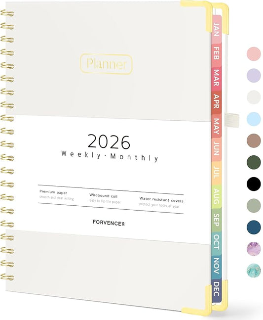 Forvencer 2026 Planner, Hardcover Calendar Planner Weekly and Monthly, January 2026 - December 2026, 8.5" x 11", Spiral Agenda Book with Tabs, Exquisite Daily Journal with Inner Pocket, Organizer Notebook for Office Home School, A4 Size, Beige