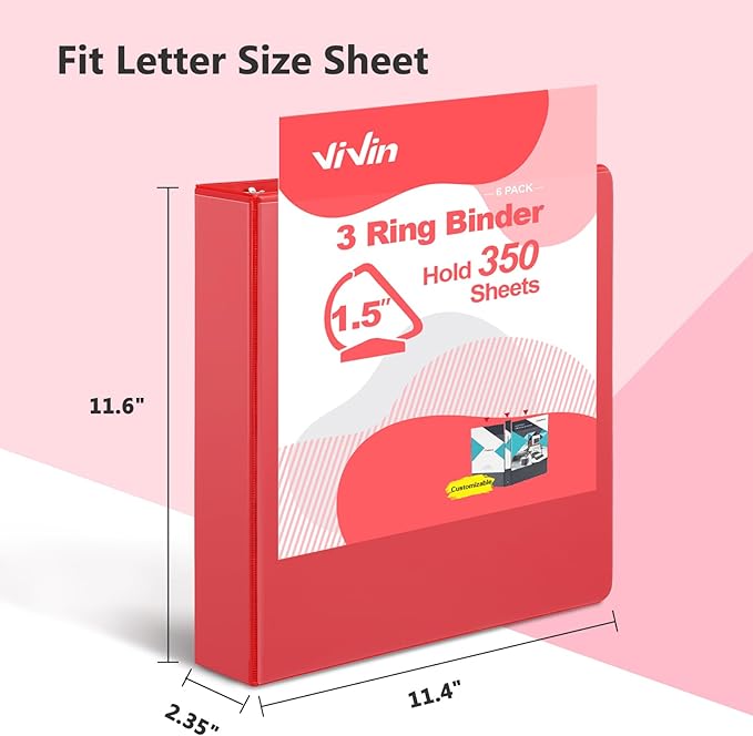 ViVin Sturdy 1.5 Inch 3 Ring Binder with Pockets, Slant-D Ring, PVC-Free, Customizable Clear View Binder,Holds 350 Sheets of 8.5" x 11" Paper, 6 Pack (Assorted)