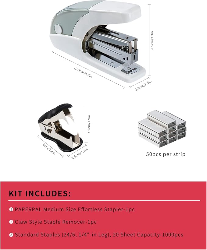 PAPERPAL Effortless Standard Stapler Set, 20 Sheet Capacity, Half Strip with Built-in Staples Storage, Includes 1000 pcs 1/4“ Staples & A Staple Remover, for Office, School & Personal Use, White