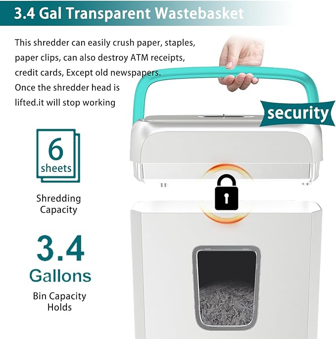 Bonsaii Secure Shredder, Home Office Shredder, high Security, 6-Sheet, Cross-Cut shredding for documents, Mail, Staples, Credit Cards, Equipped Convenient Handle, 3.4-Gallon Wastebasket, White & Blue