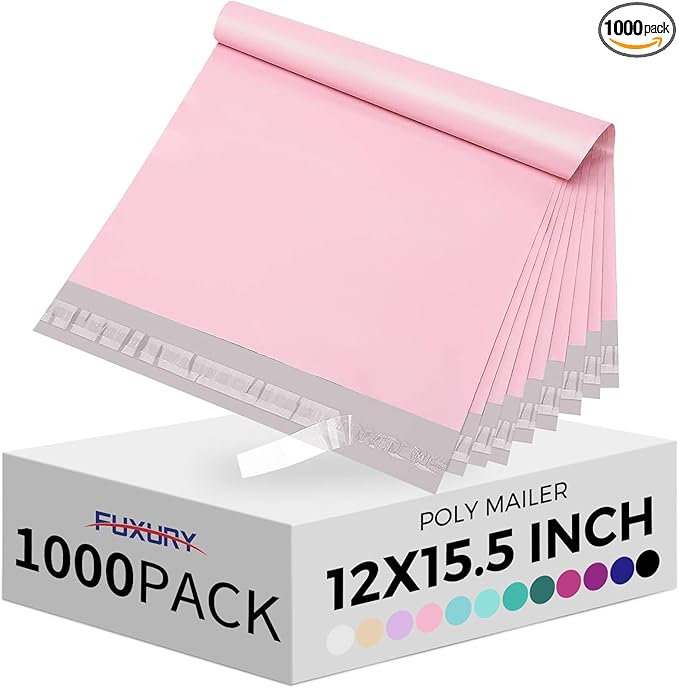 Fuxury Poly Mailers 12x15.5 Inch 1000 Pack, Bulk Shipping Bags for Clothing, Strong Adhesive Shipping Envelopes for Small Business Suppliers,Waterproof Mailers Poly Bags Mailing Envelopes Pink