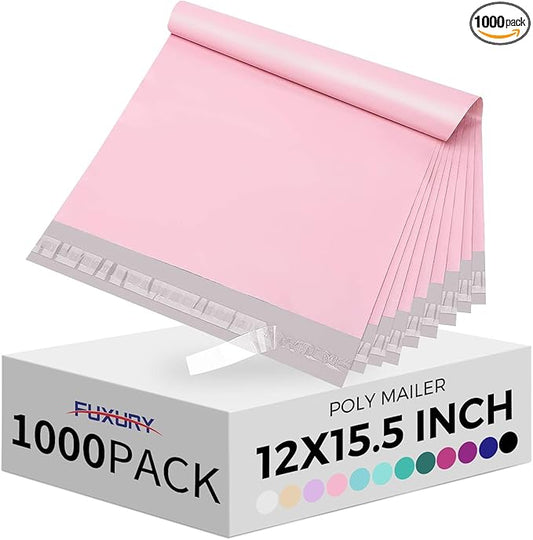 Fuxury Poly Mailers 12x15.5 Inch 1000 Pack, Bulk Shipping Bags for Clothing, Strong Adhesive Shipping Envelopes for Small Business Suppliers,Waterproof Mailers Poly Bags Mailing Envelopes Pink