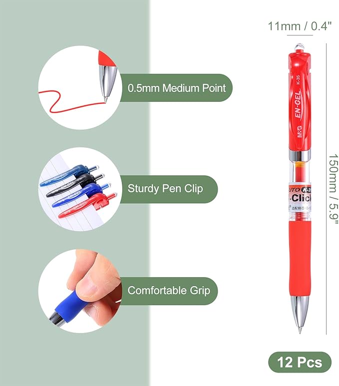 M&G Gel Pen Medium Point 0.5mm, 12 Pack Quick Dry Smooth Retractable Red Gel Ink Rollerball Pen for Home Office Writing Note Taking Journaling Business, Style 1
