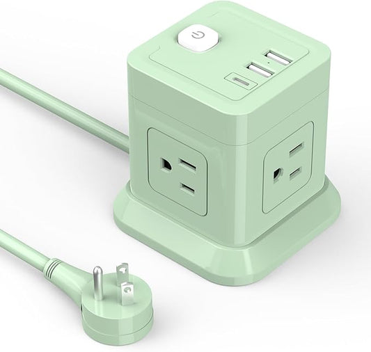 Cube Power Strip, FDTEK 4 Widely Spaced Outlet with 3 USB (1 USB C) Flat Plug Power Strips with Long Extension Cords Space Save Compact Portable for Travel Home Office Cruise (Green)