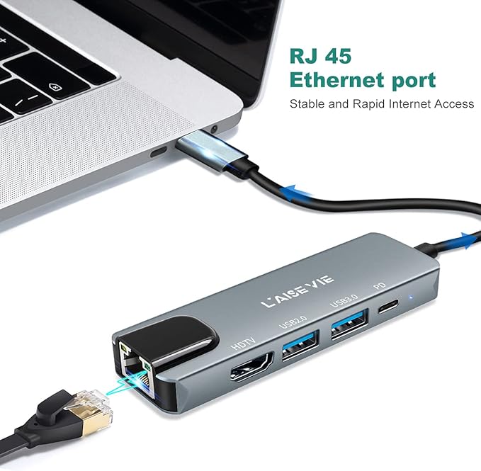 USB C Hub, 5 in 1 USB C 4K@32Hz HDMI Adapter with Ethernet Port, 100W Power Delivery PD Type C Charging Port, USB 3.0& 2.0 Adapter Compatible for MacBook Pro, Chromebook, XPS, and Devices