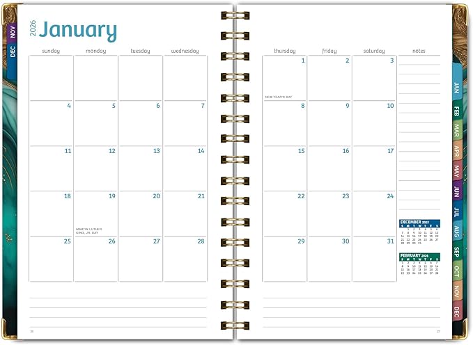 HARDCOVER 2026 Planner, 5.5"x8": 14 Months (November 2025 - December 2026), Daily Weekly Monthly Planner, Yearly Agenda, Bookmark, Pocket Folder and Sticky Note Set (Teal Gold Marble)