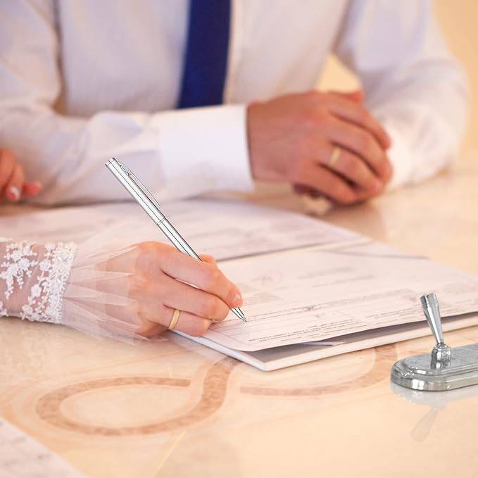 Lincia 100 Pieces Silver Slim Metal Ballpoint Pen 1 mm Medium Black Ink Smooth Writing Silver Retractable Point Metal Pen for Office Business Students Teachers Wedding Guest(Stylish)