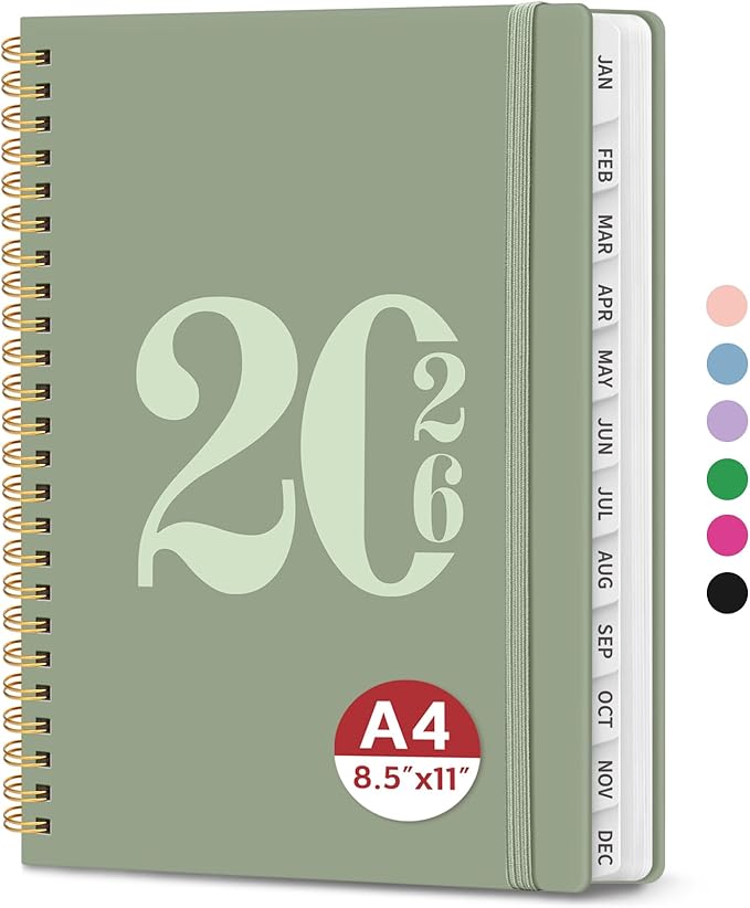 2026 Planner, Weekly and Monthly Calender Planner, Jan 2026 to Dec 2026, Hardcover 2026 Calendar Planner Book with Tabs & Inner Pocket, Office Home School Supplies for Women & Men - A4 (8.5" x 11"), Green