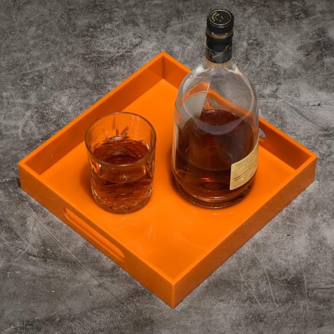 Orange Sturdy Acrylic Serving Tray with Handles-10x10Inch-Serving Coffee,Food,Breakfast,Butler-Kitchen Countertop Tray-Makeup Drawer Organizer-Vanity Table,Ottoman Tray-Decorative Tray