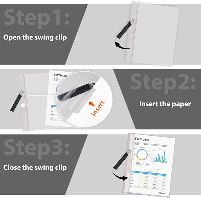 TOTiyea 10 Pack Clear Report Covers with Swing Clip, File Folder with Swing Clip, 30 Sheets Capacity, Slide Locking Report Covers, Letter Size, Clear