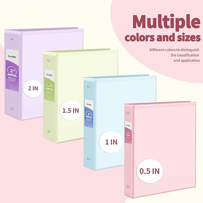 SUNEE 1/2 Inch Binders 3 Ring 4 Pack, Clear View 0.5" Binder Three Ring PVC-Free (Fit 8.5x11 Inches) for School or Office Supplies, Assorted Pastel