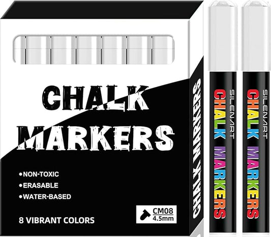 SILENART White Chalk Markers - 8 Pack - Liquid Chalk Markers for Blackboard Chalk Board Windows Glass Acrylic Calendar Board - Erasable Chalk Marker - White