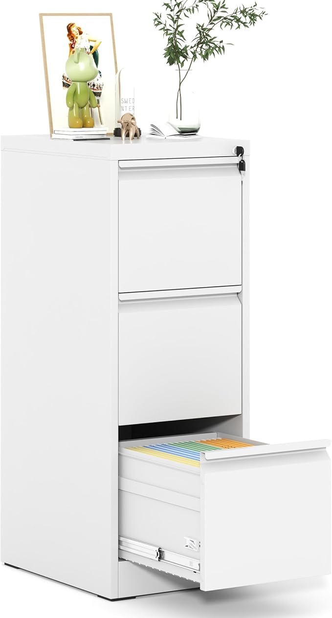 3 Drawer File Cabinet, Metal Vertical Filing Cabinet for Home Office, Locking Steel Easy Assemble 18" D File Cabinets for Legal/Letter/A4/F4 (White)