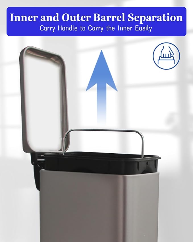 Bathroom Trash Can with Lid，5 Liter / 1.3 Gallon Small Trash Can with Removable Liner, Soft Close lid & Step Pedal, Stainless Steel Trash Bin for Bathroom,Bedroom,Home Office, Kohler Grey