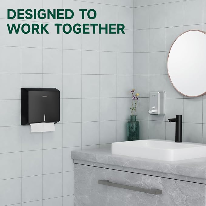 Wall Mount Paper Towel Dispenser 250-Sheet Capacity Matte Black Stainless Steel Lockable Fits Multifold/Z-Fold Towels (Folded Size ≤ 10.6" x 3.9")