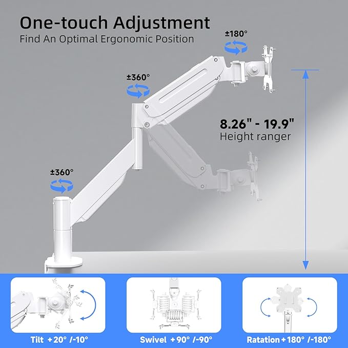 Suptek Single Monitor Mount,Ultrawide Monitor Arm Mount Single Desk Mount for 17 to 43 inch Curved Screen,Holds 28.6 lbs,Pneumatic Height,75/100 Vesa Mount,White(MD71MW)