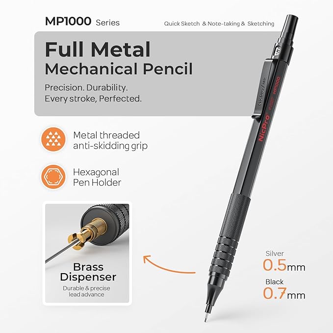 Nicpro 4 Pack Metal Mechanical Pencil Set 0.5 mm & 0.7mm with Case, Artist Pencil MP1000 with 8 Tubes HB & 2B Lead Refill, 3 Eraser, 9 Eraser Refill For Art Writing Drafting Drawing,Black & Silver