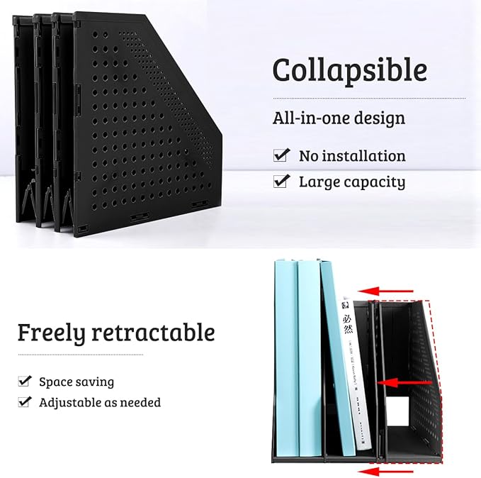 SAYEEC 2Pcs Collapsible Plastic Magazine File Holder Vertical Binder Storage Organizer for Desk Sturdy Upright Desktop Magazine Organizer Folder Rack for Office School Home (3 Compartments, Black)
