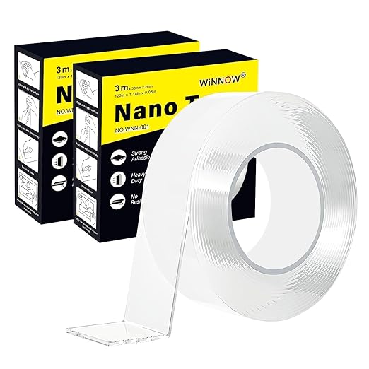 WINNOW Heavy Duty Double Sided Tape - Strong Adhesion, Washable and Reusable, No Residue Removable Mounting Tape for Walls, Bathroom, Mats, Picture Hanging (1.18 inches x 20 feet)