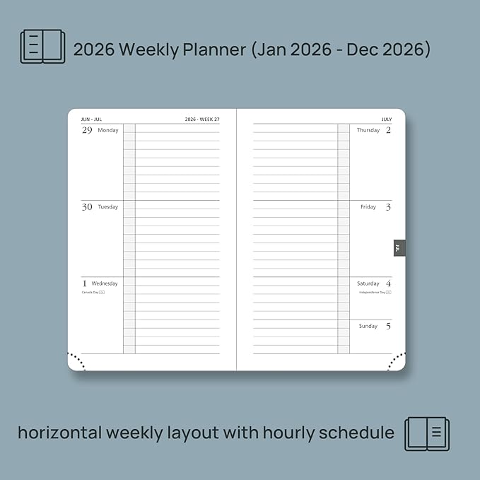 POPRUN 2026 Weekly & Monthly Planner Calendar,Pocket 4'' x 6.25'', Horizontal Layout with Lined Sections, Jan. 2026 - Dec. 2026, Leather Hardcover, 100GSM Paper, Inner Pocket - Lavender
