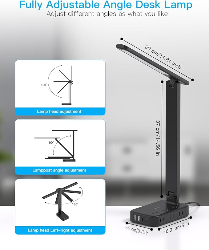 One Beat Desk Lamp with 6 Outlets 4 USB Ports(2×USB-C),Eye Protection Table Lamp Power Strip with 4 Color Modes 5 Brightness Touch LED Desk Lamps for Home Office College Dorm Room Essentials(Black)