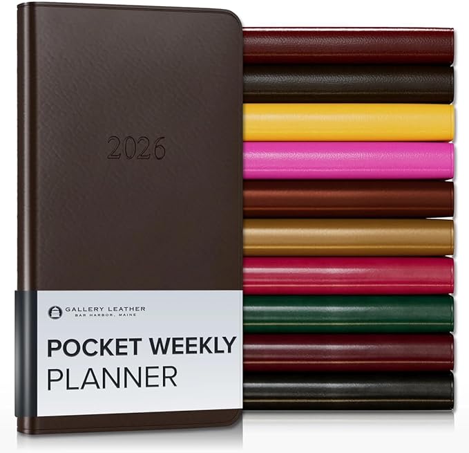 Gallery Leather Pocket Weekly Monthly Planner 2025-2026, Elegantly Bound Calendar Planner and Notebook with Stylish Gold-Gilded Page Edges, 12 Months - Freeport Mocha - 6 x 3.25 "