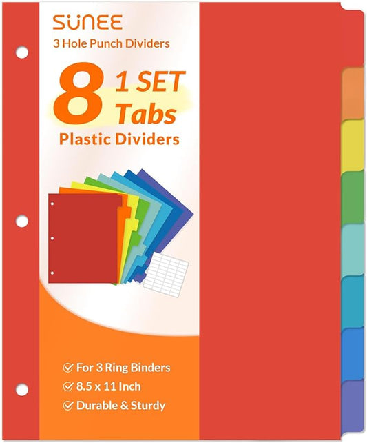 SUNEE 8 Tab Binder Dividers,Plastic Dividers for 3 Ring Binder,3 Ring Binder Dividers with Tabs for School Office Home Supplies,Bright Color, 1 Set
