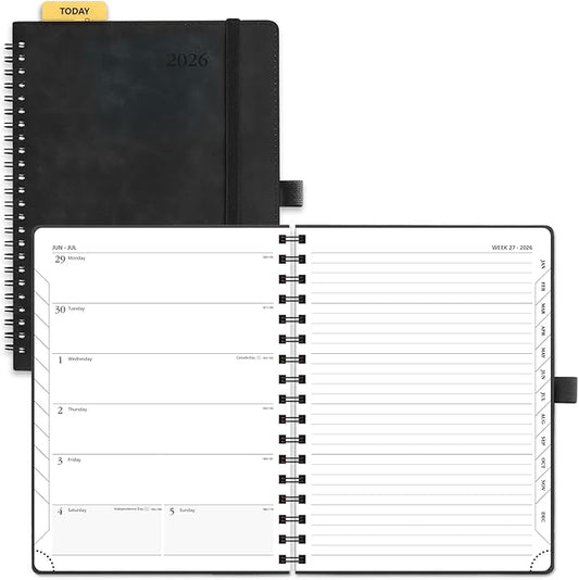 POPRUN 2026 Planner Weekly Notebook (Jan-Dec), Medium 8.5''x 6.5'' - Agenda 2026 Calendar Book with Monthly Tabs, Inner Pocket, Spiral Soft Cover, 100 GSM - Black