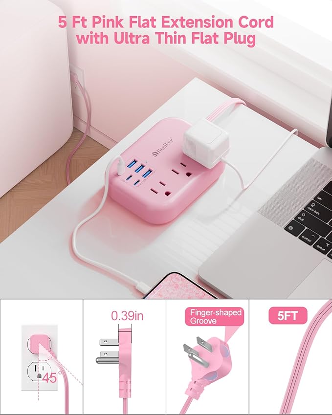 6 USB(3 USB C) Pink Power Strip- 5Ft Extension Cord with 6 USB Charging Station 24W/4.8A and 3 Outlets, Desk Accessories for Cruise Travel Pink Cute Kawaii College Dorm Desk Home Essentials