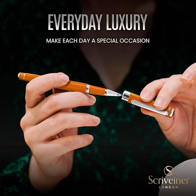 Scriveiner Orange Rollerball Pen - Stunning Luxury Pen With Chrome Finish, Schmidt Ink Refill, Best Roller Ball Gift Set for Men & Women, Professional, Executive Office, Nice Pens