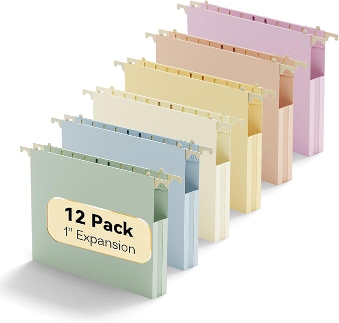 Plastic Hanging File Folders Letter Size,1 Inch Expansion,12 Pack Reinforced Heavy Duty Hanging Folders,File Cabinet Folders,Adjustable Tabs,Expandable Hanging File Folder,Morandi Color