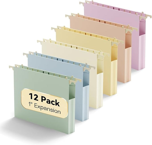 Plastic Hanging File Folders Letter Size,1 Inch Expansion,12 Pack Reinforced Heavy Duty Hanging Folders,File Cabinet Folders,Adjustable Tabs,Expandable Hanging File Folder,Morandi Color