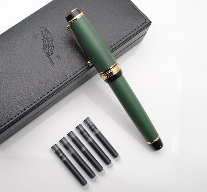 Metal Big Fountain Pen Set Medium Nib 0.7mm, Includes Ink Refill Converter, 5 Ink Cartridges & Gift Box (Medium Nib 0.7mm, Matte Green)