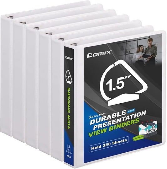 Comix Sturdy 1.5 Inch D-Ring Binders, 1.5'' 3 Ring Binder with Clear View Cover, 1-1/2 Inch Rings Holds 350 Sheets of 8.5" x 11" Paper, 6 Packs (White)