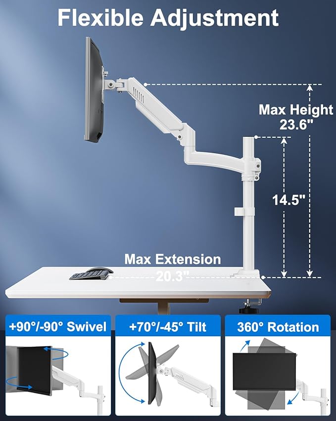 Single Monitor Mount Holds Max 22lbs, 13-32 inch Monitor Desk Mount, Height Adjustable Tall Monitors Arm, Monitors Stand with Tilt Swivel Rotation, VESA 75 100mm, White, Freelift
