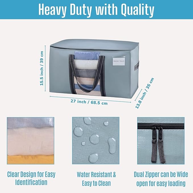 VENO 2 Pack Moving Bags, Moving Supplies, Moving Boxes, College Packing Storage Boxes with Lids Alternative, Heavy Duty Totes, Extra Large, Sturdy Handles, Zipper (Light Blue with Window, 2 Pack)