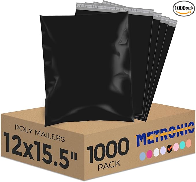 Metronic 1000PC Poly Mailers 12X15.5, Sturdy Shipping Bags for Small Business, Waterproof Mailers Poly Bags, Strong Adhesive Shipping Envelopes for Clothing, Efficient Mailing Envelopes in Black