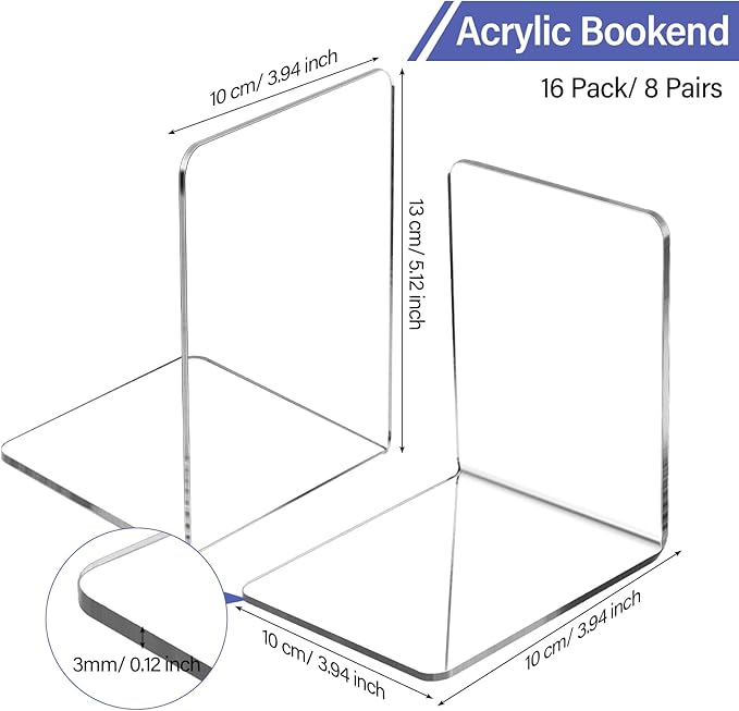16 Pcs Book Ends Clear Acrylic Bookends for Shelves Heavy Duty Book End L Shaped Dividers Book Stopper for School Library Home Movies CDs File