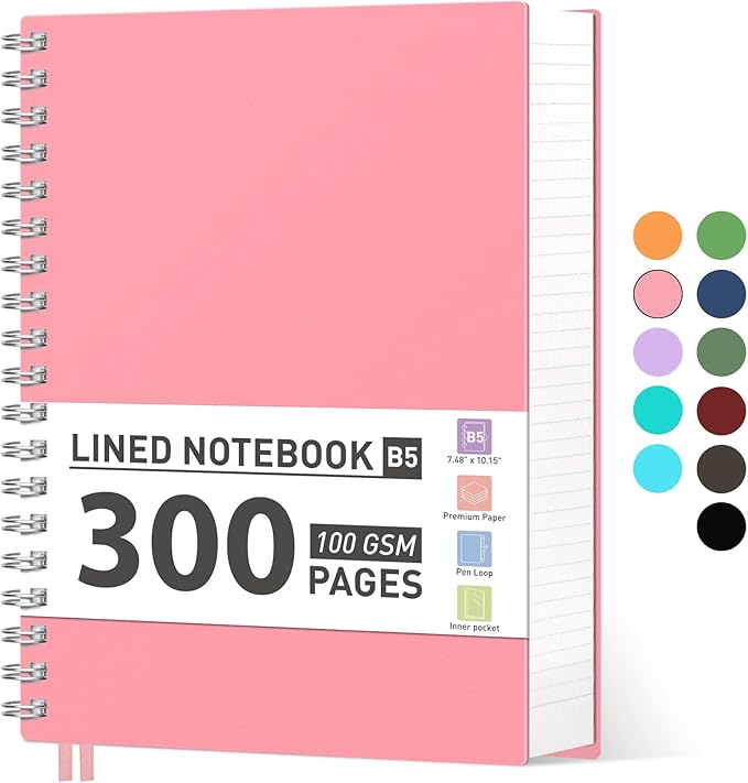 AHGXG Spiral Notebook College Ruled - Large Spiral Journal Notebook B5 7.48" × 10.15", 300 Pages, 100GSM Thick Paper, Plastic Hardcover, for Work Office School Writing Notes,Pink